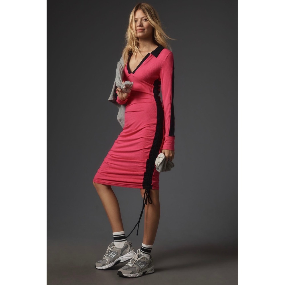 Anthropologie Daily Practice Long Sleeve Colorblock Polo Midi Dress in Raspberry